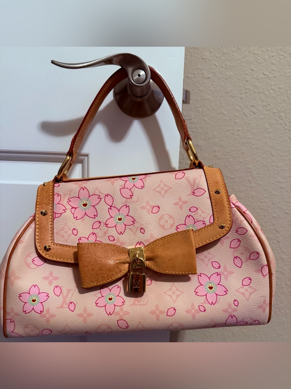 Authentic Louis Vuitton Sac Pink Floral Bow Accent Handbag
